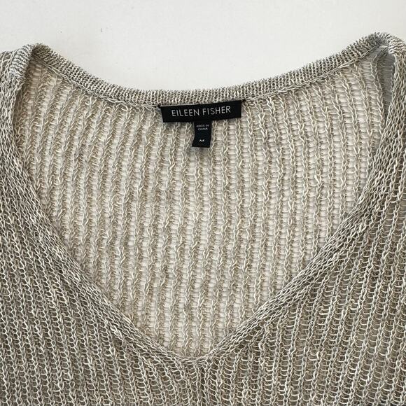 Eileen Fisher Linen Cotton Sheer Knit Sweater Pullover V-Neck Oatmeal Beige M - Picture 9 of 11